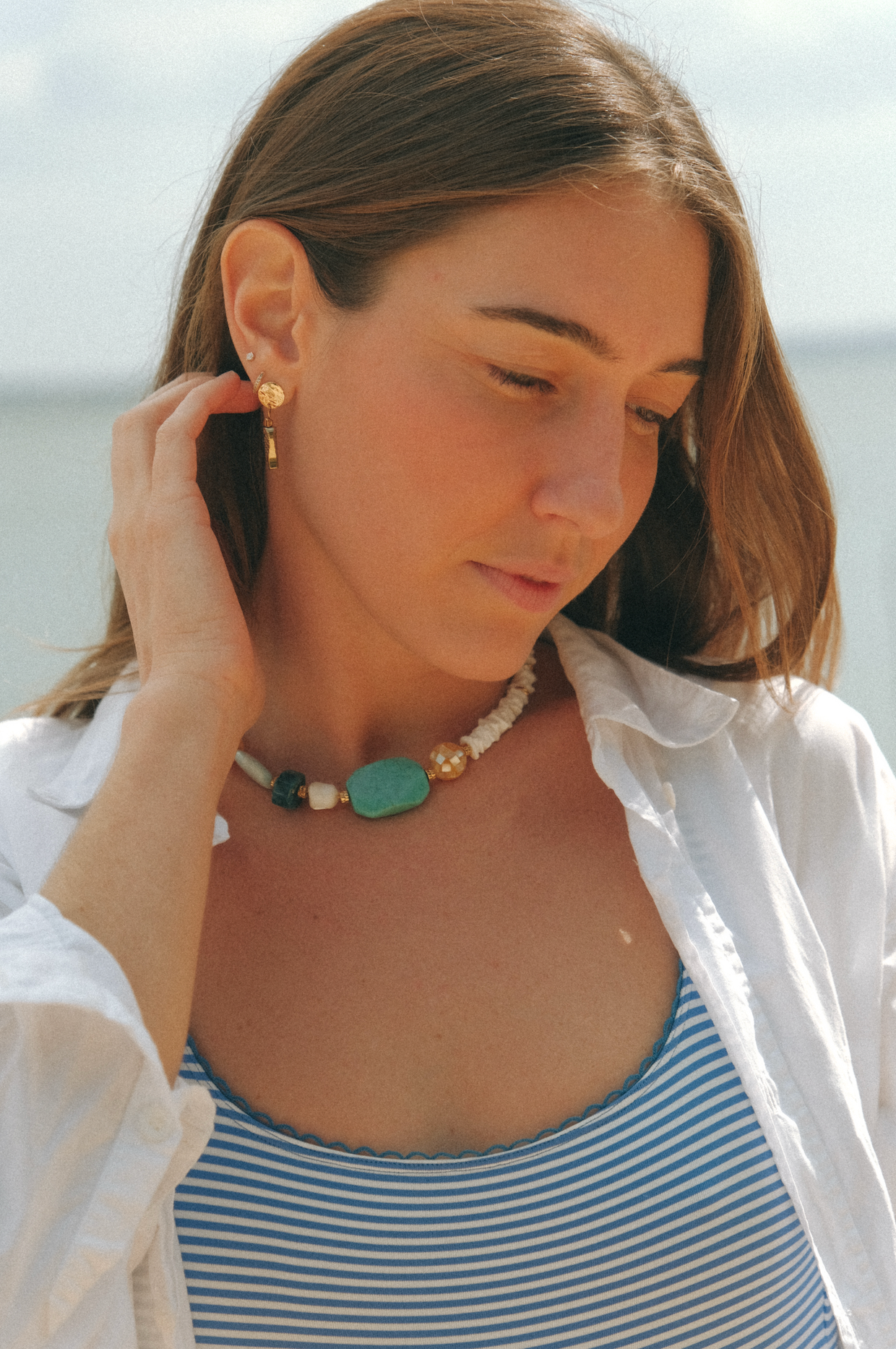 Collier Blue Lagoon Socool, bijou fantaisie bohème avec pierres vintage et perles de coquillage fait main Arcachon